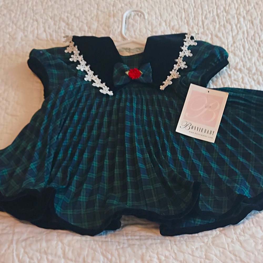 NEW Bonnie Baby Green Blue Plaid Velvet Dress Full circle NWT Pleated Holiday